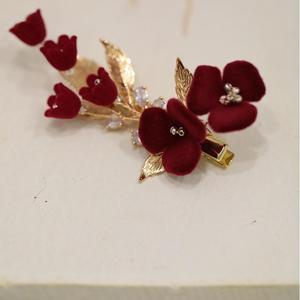 Retro <strong>Burgundy</strong> New Bride Headdress Ancient Style <strong>Hair</strong> <strong>Accessories</strong> Elegant Flowers <strong>Hair</strong> Comb <strong>Hair</strong> Clip Earrings Set - Product Image 5