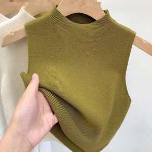Grosir Atasan Wanita Kasual Tanpa Lengan Model Crop Top Tank Top Warna Solid Rajutan Kaos Kerah Setengah Tinggi 2025 - Product Image 3