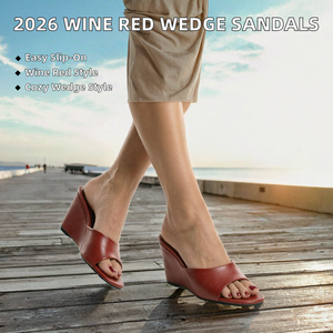 Sandalias de cuña color rojo vino para mujer, pantuflas con tacón, transpirables, antideslizantes, zapatos de verano para exteriores - Product Image 2