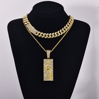 Offre Spéciale Hiphop glacé mode alliage cristal bijoux argent billet plaque forme pendentif avec chaîne collier ensemble