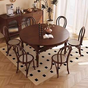 American Country Style Solid Wood <b>Dining</b> <b>Table</b> <b>Set</b> 6 Piece <b>Extendable</b> Foldable <b>Round</b> <b>Dining</b> Room Furniture - Product Image 2