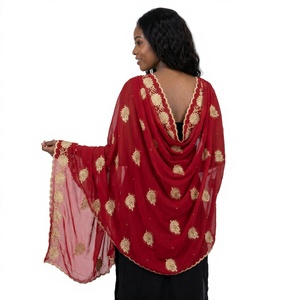 Pañuelo Étnico de Gasa Bordado con Pedrería Floral Rojo Dorado Ligero y Transpirable para Mujer al por Mayor OEM - Product Image 1