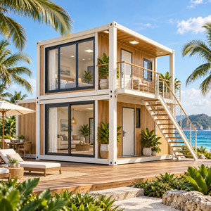Casa Contenedor Moderna de Estilo Costero con Terraza y Escaleras, Diseño de 2 Pisos, Espacio de Vivienda con Paneles de Madera y Marco Blanco - Product Image 2