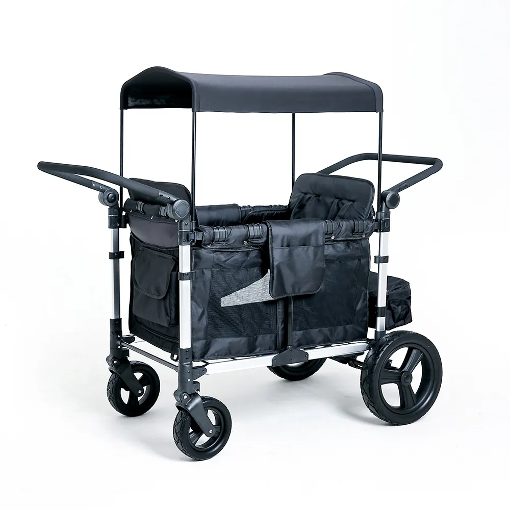 Wagon pliable 4 sièges poussettes marcheurs et transporteurs Wagon pour enfants sûr avec protection solaire harnais à 5 points voyages parc de plage