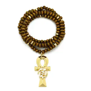 Collier Hip Hop égyptien Gye Nyame on Ankh Cross, pendentif 6mm 30 pouces, perle en bois noir