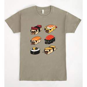 T-shirt Pug Sushi unisex per adulti, taglia media, con grafica divertente e design animale - Product Image 1