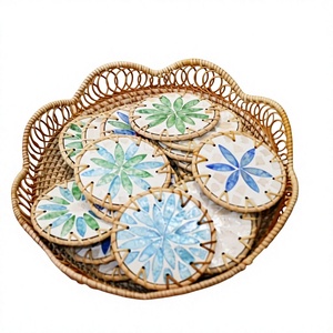Natural Rattan <b>Drink</b> <b>Coaster</b> with Mother of Pearl from Vietnam for Coffee Cups Table Protection Dining Decor and Events - Product Image 1