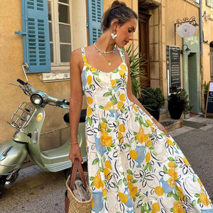 Abiti Casual estate abito Midi per le signore Sexy U collo senza maniche limone abito floreale - Product Image 3