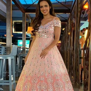 Superbe robe folklorique ATIYA LIBAS lourde pour fête/mariage en mousseline de soie, longueur au sol, asymétrique avec broderie, miroir, travail-2019 - Product Image 6