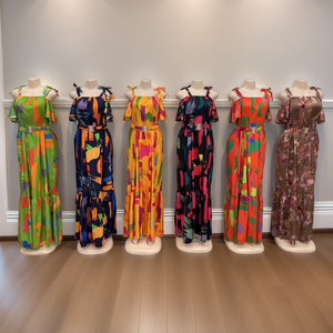 <span class=keywords><strong>Robe</strong></span> de mode pour femmes africaines et du Moyen-Orient, imprimée à fleurs, à manches courtes, avec dentelle florale à la taille, vente en gros de haute qualité - Product Image 3