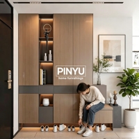 Meuble à chaussures d'entrée en bois composite de luxe léger, banc de rangement pour couloir, étagères ouvertes, tiroirs cachés, éclairage LED