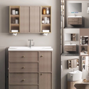 New Chinese style bathroom cabinet ceramic integrated basin walnut color smart mirror cabinet wash basin - Product Image 1