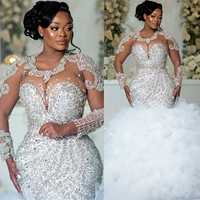Robes de mariée sirène en dentelle blanche grande taille Aso Ebi 2024, dentelle luxueuse, strass, manches longues, volants, robe vintage