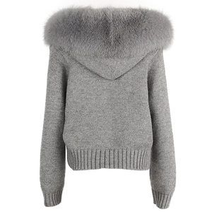Wholesale <strong>Ladies</strong> Breathable Dyed Knitted Coat <strong>Hooded</strong> Zipper Autumn Removable Fuzzy Real Fox Fur Collar Wool Knit <strong>Cardigan</strong> - Product Image 3