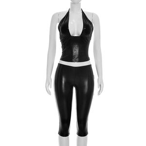 Viviblook Y26ST239 Ensemble d'été pour femme, nouveau, sexy, couleur unie, pull à col en V, veste à empiècements, pantalon court moulant, ensemble deux pièces - Product Image 1