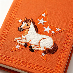 Agenda en tissu orange à couverture rigide avec motif cheval et étoile brodé, reliure cousue, idéal pour offrir - Product Image 5