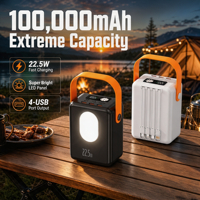 Batterie externe grande capacité pour extérieur 100000 mAh avec 4 câbles intégrés, écran LED, lampe torche, poignée, 3 ports USB PD 22,5 W à charge rapide