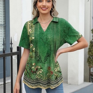 Blusa de punto estampada de manga corta para mujer, con cuello en V plisado, tops de verano, moda casual de negocios para el trabajo - Product Image 2