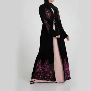 Middle East Islamic Design Mewah Jubah Bright Black Latest For Floral Abaya