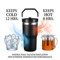 Tragbarer 20oz Pulverbeschichteter Auslaufsicherer Individueller Thermobecher Wasserflasche mit Faltbarem Tragegriff und Klappbarem Strohhalm-Deckel Kaffee