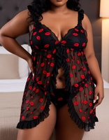 Set Lingerie Babydoll Hitam Transparan dengan Cetakan Bibir Merah, Pakaian Tidur Jaring Seksi, Gaun Teddy Berenda Plus Size, Video Lingerie