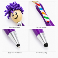 Cadeau promotionnel : Stylo de nettoyage d'écran personnalisé avec brosse à poussière intégrée et stylo à bille en peluche au design visage souriant en plastique