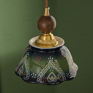 French <b>Style</b> Green Ceramic Pendant Light Led Single <b>Head</b> Home Entryway Vintage Handmade Round Chandelier - Product Image 4