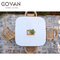 Nouvelle table à manger carrée moderne d'extérieur, mobilier de patio de luxe, résistant aux intempéries, pieds en teck, coussins imperméables, plateau en dalle de pierre