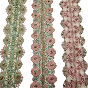 Dijual untuk Set Potongan Renda Bunga Afrika Gaun Potong Pinggiran Poliester Satin Renda Tirm untuk Garmen