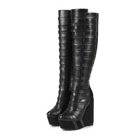 Bottes hautes gothiques à plateforme compensée pour femme en cuir PU, avec design multi-bandes, talon, pour club et soirée
