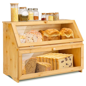 Double Layered Bamboo Bread Box With Transparent Window Large Capacity Wooden Storage For <b>Kitchen</b> Countertop Freshness - Product Image 5