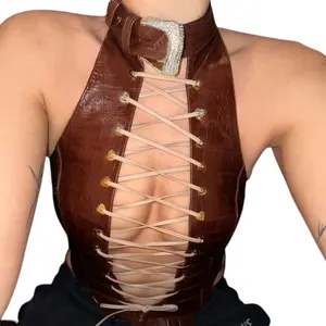 SXE Wholesale Summer new women's crocodile pattern faux leather slim fit hollow backless lace up short vest top for women