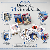 Cartes à Jouer Grecques avec Photos de Chats – 54 Images Uniques de Chats – Papier Écologique Durable – Boîte en Carton Famille – Collection Îles Grecques – Personnalisable