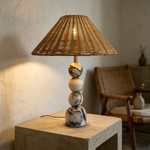Lampes de table en marbre flexibles et réglables, alimentées par batterie rechargeable, avec abat-jour en rotin marron au design exclusif, fabriquées sur mesure - Product Image 5