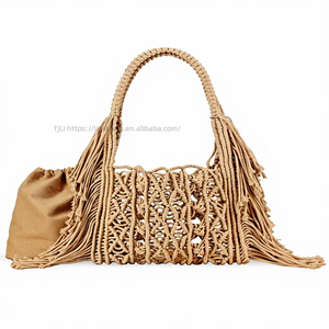 New Handmade Cotton Fabric Woven Tassel <b>Square</b> Drawstring Closure Bag Two Daily Leisure Work Seaside Vacation Tanjing - Product Image 1