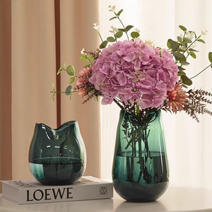 Jarrón de cristal azul de alta gama para sala de estar, grande, transparente, para flores secas, de lujo ligero, con diseño de caballo y madera, para plantas verdes - Product Image 3