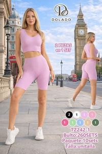 Tz242 1 Completo Sportivo da Donna a Costine, 2 Pezzi: Top Corto Senza Maniche e Shorts Sopra il Ginocchio, in Spandex Nylon Traspirante, Vestibilità Aderente, Per Tutte le Stagioni - Product Image 3