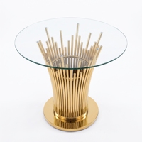 Table d'appoint de luxe à plateau rond en verre, avec pieds à rayures verticales et base en acier inoxydable, pour mariages et banquets