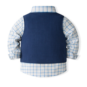 Catpapa – Ensemble 4 pièces pour garçons : Chemise à carreaux, <span class=keywords><strong>gilet</strong></span> bleu foncé, pantalon et nœud papillon – Tenue de mariage pour enfant - Product Image 4