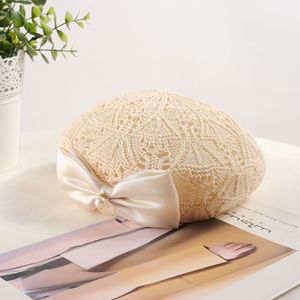 Tricoté à la main perle papillon noeud béret chapeau femmes mode coréenne respirant petit visage peintre casquette automne évider conception - Product Image 5