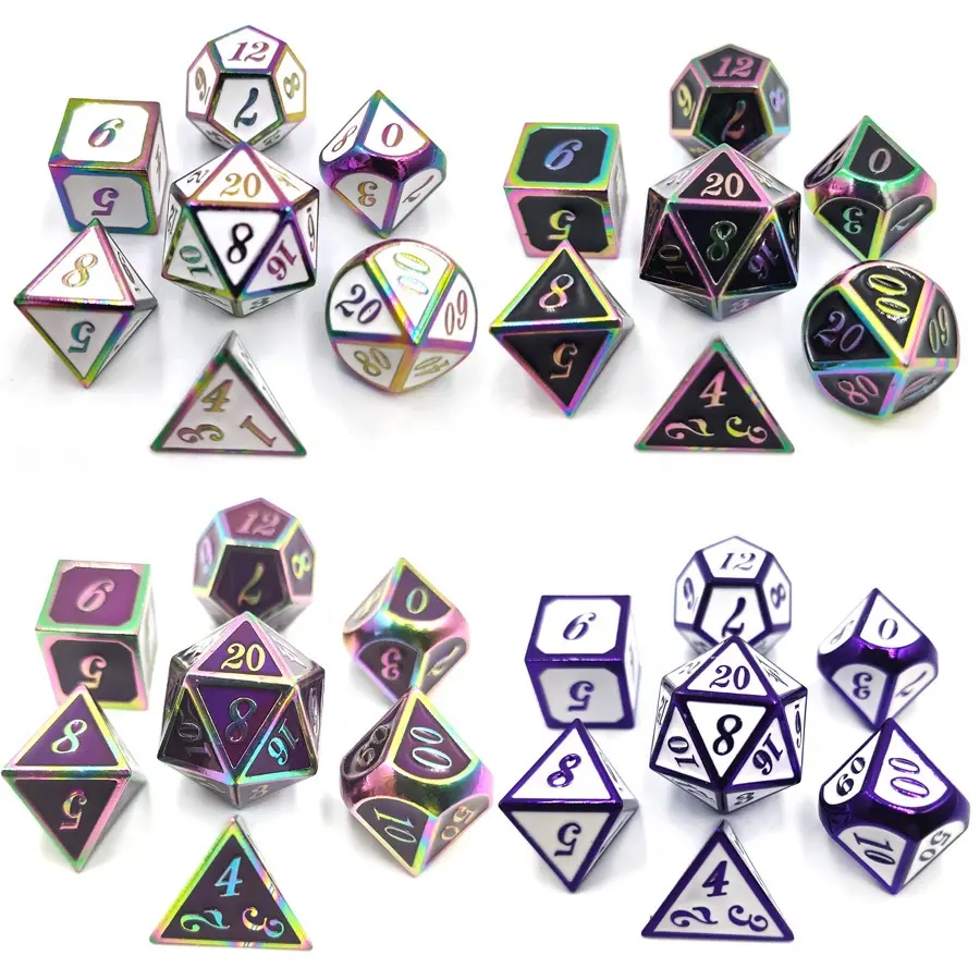 Lot de 7 dés géométriques, différentes couleurs disponibles, pour jouer aux Amazon, moulage par décompression, métal coloré, arc-en-ciel, jeu créatif, offre spéciale