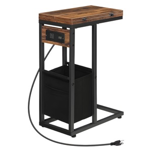 Foldable Side <b>Table</b> With Storage Basket Coffee Brown <b>C</b> <b>Shaped</b> Desk For Bedroom And Living Room - Product Image 5