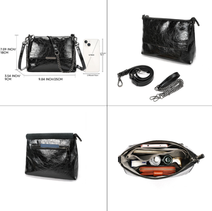 Sac fourre-tout en cuir véritable noir avec chaîne, bandoulière, sac à main, portefeuille à rabat pour usage quotidien - Product Image 6