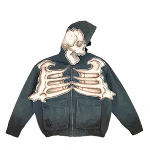 DiZNEW Factory Wholesale Fashion Skeleton Embroidery Mens Hoodies Sweatshirts Custom High Quality Full Zip Up Hoodie
