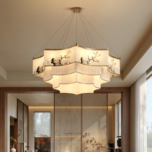 Lustre avec bambou peint et design paysager, forme ovale, lumière LED pour salon, hall, style zen - Product Image 2