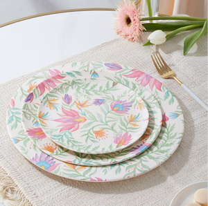 Service de vaisselle écologique en fibre de bambou, 16 pièces, 24 pièces, série <span class=keywords><strong>Flora</strong></span>, vaisselle de <span class=keywords><strong>camping</strong></span>, vaisselle de table en bambou et mélamine pour l'extérieur - Product Image 3