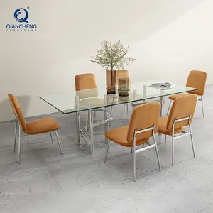 QIANCHENG Stainless Steel Furniture Supplier Fiberglass Contemporary Tempered Glass Top Mirror Center Dining Room Table Set