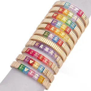 Factory Jewelry Wholesale Gold Enamel Tile Beaded Bangle Colorful Bright Square Acrylic Letter Beads Bracelets