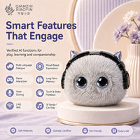 Peluche de Gato Gris con IA, Auriculares Negros, Orejas Plateadas, Sensor Táctil, Clonación de Voz, +50 Idiomas, Memoria de Larga Duración, WiFi 2.4G, CE