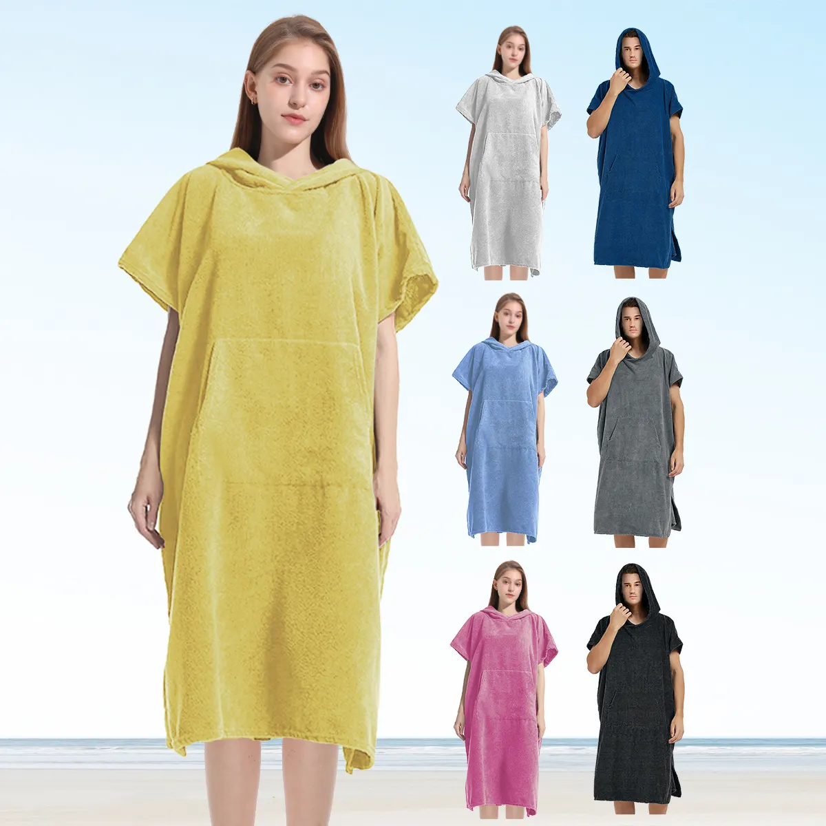 Toalla con capucha de playa para adultos de varios estilos al por mayor barata bata Ultra absorbente Poncho de Surf Toalla de playa con capucha de secado rápido para adultos